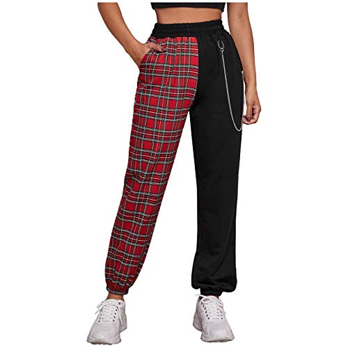 Hose Kariert Damen Punk Stoffhose Schwarz Rot Gothic Steam Punk Rockwear Straight Leg Streetwear Retro Steampunk Cargo Hosen RöHrenhose Stretch Lose Druck Freizeithose Trainingshosen Karnevalskostüm von OBiQuzz