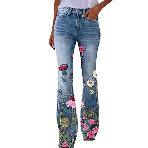 Jeanshose Damen Mit Muster Flared Bootcut High Waist Jeans Retro Flared Jeans Schlagjeans Frauen Blume Drucken Jeans Slim Fit Lang Boyfriend Jeans Straight Schlaghose Stretch Jeans Hosen S-5Xl von OBiQuzz