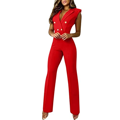 Jumpsuit Damen Elegant - V-Ausschnitt Overall Ärmellos Slim Fit Hosenanzug Mit Taschen Büro Anzug Set Hohe Taille Lang Romper Für Hochzeit Brautjungfer Jumpsuits Für Damen Party Outfits Playsuit M-3Xl von OBiQuzz