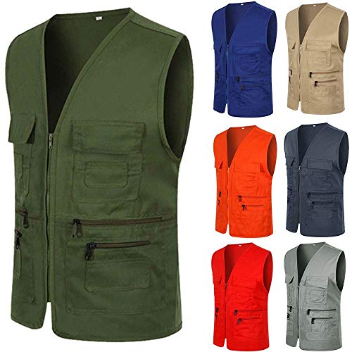OBiQuzz Ärmellose Weste Herren Ohne Kragen Sommer - Anglerweste Mit Vielen Taschen Vintage Herrenweste Leicht Atmungsaktiv Arbeitweste Trekking Wander-Weste Freizeit Ärmellos Angeljacke von OBiQuzz