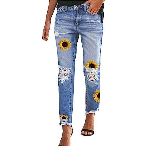OBiQuzz Boyfriend Jeans Damen Mit Blumen Ripped Jeans High Waist Skinny Jeans Wide Leg Jeanshose Stretch Jeans Löchern Slim Fit Jeans Hosen Mom Jeans Baggy Jeanshosen Denimjeans Denimhose S-3Xl von OBiQuzz