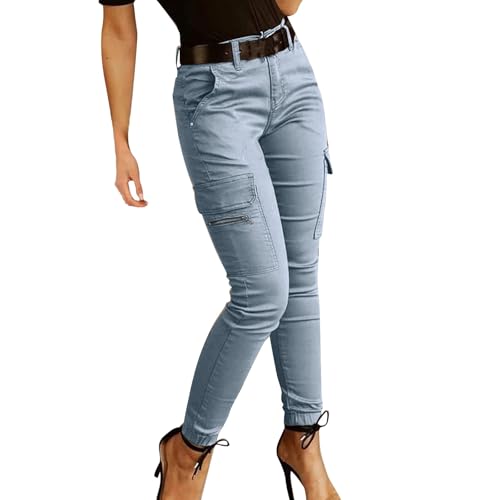 OBiQuzz Cargohose Damen High Waist Cargo Pants Skinny Fit Arbeitshose Stretch Cargo Leggings Hose Mit Taschen Skinny Hosen Gummibund Seitentaschen Mädchen Sportleggins Motorradhose Biker Pants von OBiQuzz