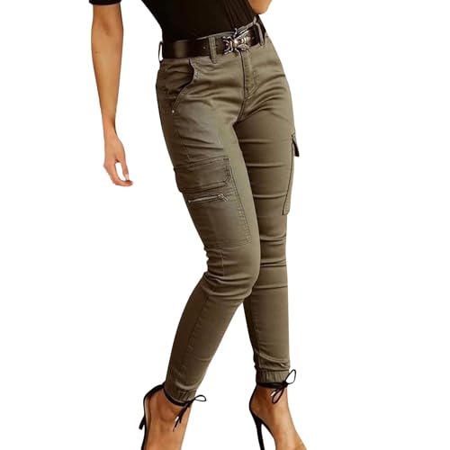 OBiQuzz Cargohose Damen High Waist Cargo Pants Skinny Fit Arbeitshose Stretch Cargo Leggings Hose Mit Taschen Skinny Hosen Gummibund Seitentaschen Mädchen Sportleggins Motorradhose Biker Pants von OBiQuzz