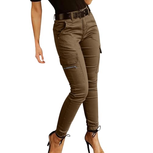OBiQuzz Cargohose Damen High Waist Cargo Pants Skinny Fit Arbeitshose Stretch Cargo Leggings Hose Mit Taschen Skinny Hosen Gummibund Seitentaschen Mädchen Sportleggins Motorradhose Biker Pants von OBiQuzz