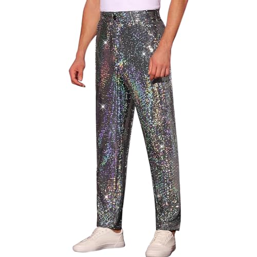 OBiQuzz Freizeithose Herren Lang Glitzer - Pailletten -Hosen Gerades Bein Party-Hose Baggy Bequem Sporthosen Performance Kostüme Ür Geburtstag Festlich Party Weihnachten Abschlussball von OBiQuzz