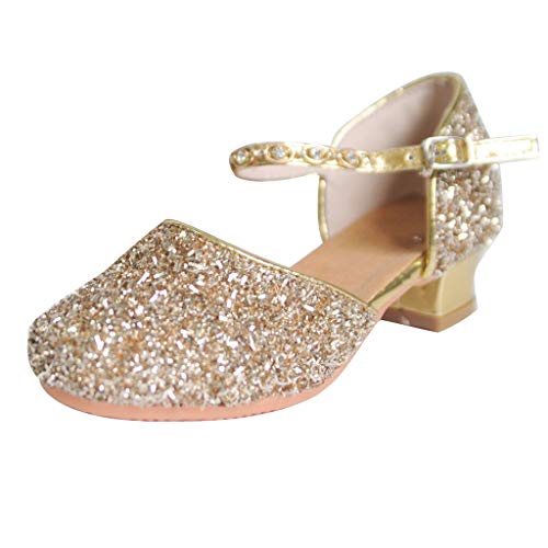 OBiQuzz Glitter Mädchen Strass Ballsaal Schuhe mit Absatz Schwarze Schuhe Damen (Gold, 6.5-7 Years) von OBiQuzz