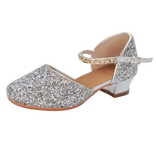 OBiQuzz Glitter Mädchen Strass Ballsaal Schuhe mit Absatz Schwarze Schuhe Damen (Silver, 5.5-6 Years) von OBiQuzz