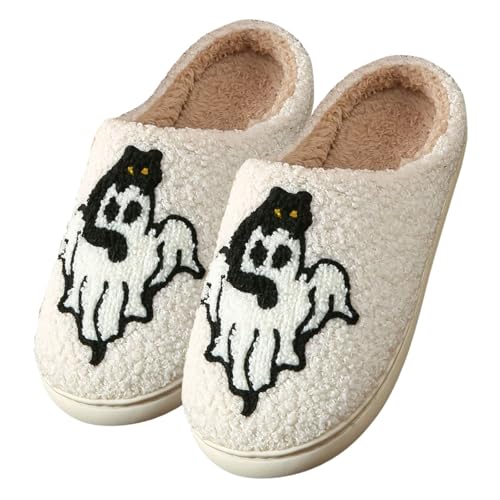 OBiQuzz Halloween Hausschuhe Damen Ghost Pantoletten Winter Warme Hausschuhe Flauschige Hauspantoffeln Hausschlappen Gefütterte Slippers Schlappen Plüsch Hüttenschuhe Gästehausschuhe Filzhausschuhe von OBiQuzz