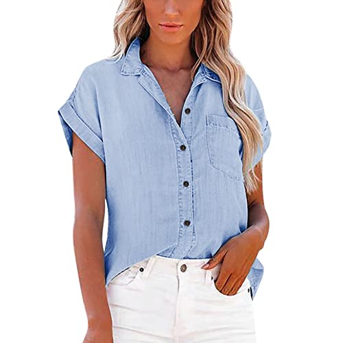 OBiQuzz Jeanshemd Damen V-Ausschnitt Hemdbluse Button Down Jeansbluse Kurzarm Weich Denim Hemd Casual Jeansjacke Sommer Oberteile Mit Brusttaschen Western Hemden Tunika Jeans Freizeithemd Basic Bluse von OBiQuzz