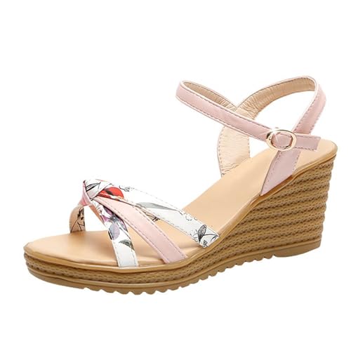 OBiQuzz Keilsandalen Damen Sommer Bequem Riemchensandalen Elegant Sommersandalen Mit Blumen Sommerschuhe Bohemia Römersandalen Strandschuhe Offene Zehe Strand Sandalen Wedges Outdoorsandalen von OBiQuzz