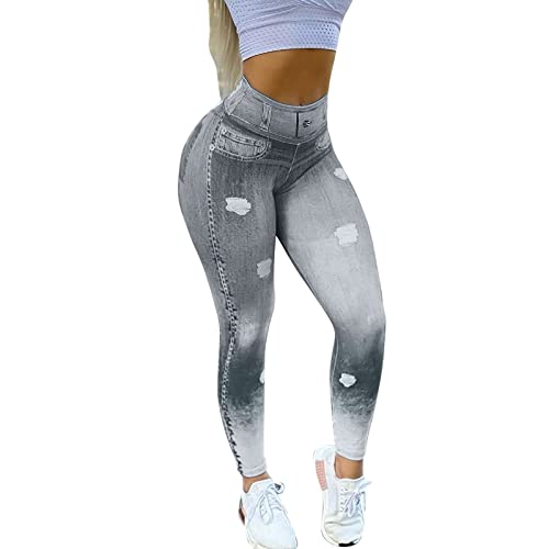 OBiQuzz Leggings Damen High-Waist Jeans-Look Jeggings Treggings Jeansoptik Skinny Hose Elastischer Gummi-Bund Bleistifthose Faux Denim Jeanshose Stretch Röhre Jeans Slim Fit Rissen Löcher Jeanshosen von OBiQuzz