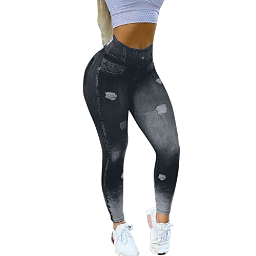 OBiQuzz Leggings Damen High-Waist Jeans-Look Jeggings Treggings Jeansoptik Skinny Hose Elastischer Gummi-Bund Bleistifthose Faux Denim Jeanshose Stretch Röhre Jeans Slim Fit Rissen Löcher Jeanshosen von OBiQuzz