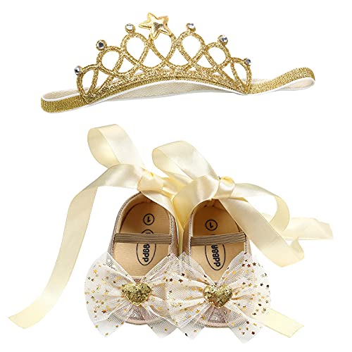 OBiQuzz Mädchen Prinzessin Säugling Baby Schuhe + Krone Kleinkinderset Bowknot Prewalker Headband Baby Schuhe Mädchen Schuhe 25 (Gold, 20.5 Toddler) von OBiQuzz
