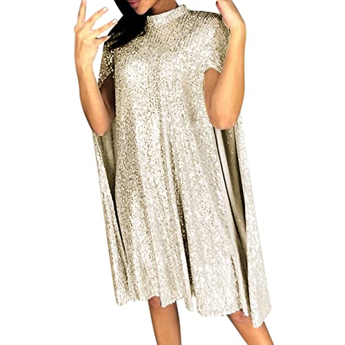 OBiQuzz Paliettenkleider Damen Festlich Party Cocktailkleid Club Glitzer Kleid Vintage Midikleid Glitzer Abendkleider Poncho Pailletten Kleid Knielang Glänzend Partykleid Elegant Hochzeit Ballkleid von OBiQuzz