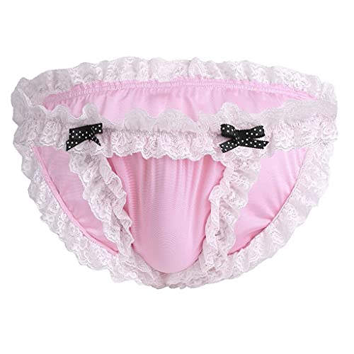 OBiQuzz Satin Unterwäsche Herren Slip Sissy Unterhose G-String Tanga Shorts Schlüpfer Männer Sexy Unterwäsche Dessous mit Rüschen Dessous Erotik Nachtwäsche Spitze Pantys Höschen Rosa von OBiQuzz