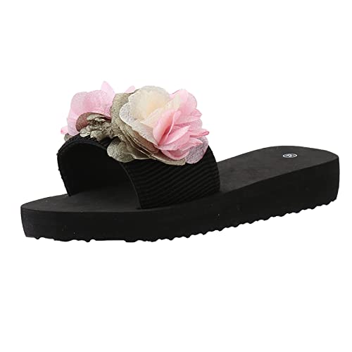 OBiQuzz Schlappen Damen Sommer Flach - Sandaletten Zweifarbig Blumen Hausschuhe Open Toe Freizeitschuhe Weiche Fußbett Sommerschuhe Bohemia Strandsandalen Rutschfest Badeschuhe Verschleißfest Schuhe von OBiQuzz