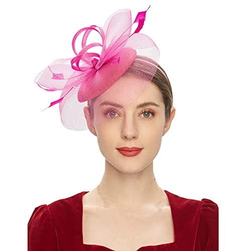 OBiQuzz Tea Party Fascinator Kentuckys Derbys Hut Fascinator Pillbox Hut Stirnband für Cocktail Silikon Haarband (Hot Pink, One Size) von OBiQuzz