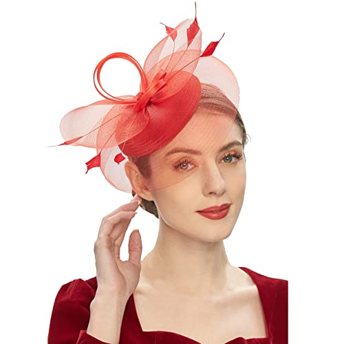 OBiQuzz Tea Party Fascinator Kentuckys Derbys Hut Fascinator Pillbox Hut Stirnband für Cocktail Silikon Haarband (Red, One Size) von OBiQuzz