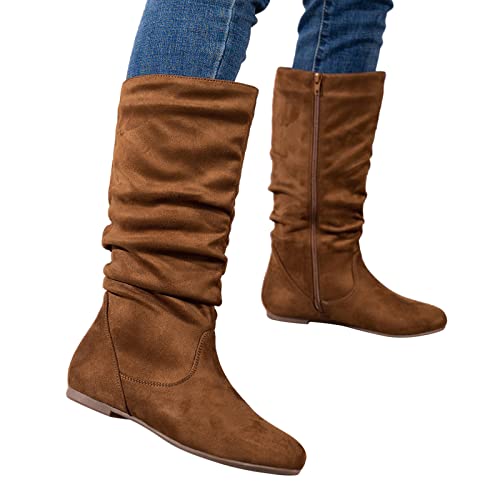 OBiQuzz Wildleder Stiefeletten Damen Schlupfstiefel Barun Flache Stiefeletten Halbhohe Stiefel Cowboystiefel Elegante Westernstiefel Reitstiefel Herbst Winter Boots Bootie Halbhohe Stiefel Gr.37-42 von OBiQuzz