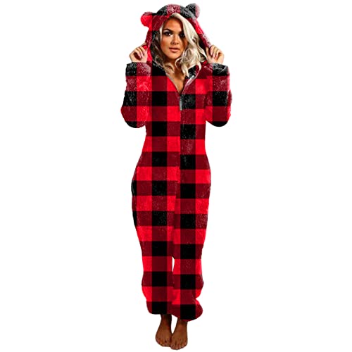 Onesie Damen Kuschelig Tier, Weihnachten Einteiler Schlafanzug Kariert Rot Jumpsuit Flauschig Bär Overall Mit Kapuze Ganzkörperanzug Pyjama Winter Warm Hausanzug Onesie Lang Schlafoverall Homewear von OBiQuzz