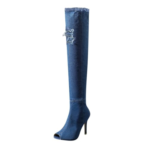 Overknees Stiefel Damen Jeans Langschaftstiefel High Heels Sandalen Denim Langschaft Stiefel Peep Toe Pumps Stiletto Stiefel Herbst Lange Stiefel Frühling Schlupfstiefel Kniehohe Damenstiefel Boots von OBiQuzz