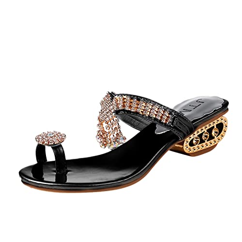 Pantoletten Damen Mit Absatz - Bohemian Flache Zehentrenner Strass Flip Flops Elegant Bequem Sandalen Rutschfest Slipper Strand Schuhe Flipflop Sommerschuhe Slides Schlappen Sandaletten Gr.37-40 von OBiQuzz
