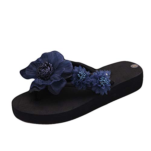 Pantoletten Damen Mit Absatz - Flip Flops Damen - Blumen Zehentrenner Plateau Flipflop Rutschfest Hauschuhe Slippers Sommer Sandalen Keilabsatz Strandschuhe Schlappen Elegant Sandaletten Sommerschuhe von OBiQuzz