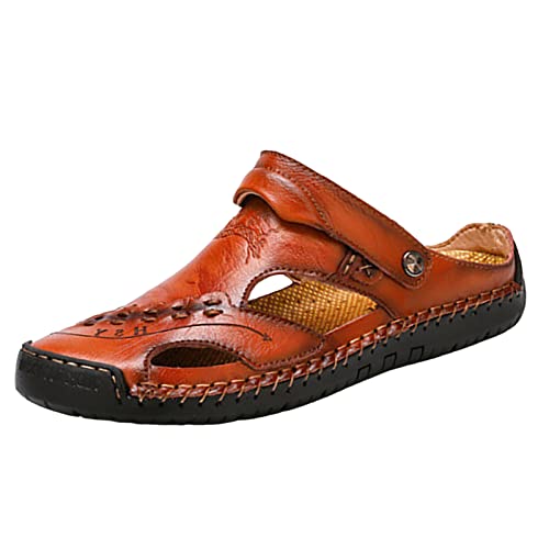 Pantoletten Herren Leder Sandalen Sommer Pantolette Geschlossene Sandale Slippers Slide Atmungsaktiv Mesh Clogs Sandals Rutschfest Hausschuhe Sommerschuhe Strandschuhe Bequemen Slipper Schuhe Gr.38-48 von OBiQuzz