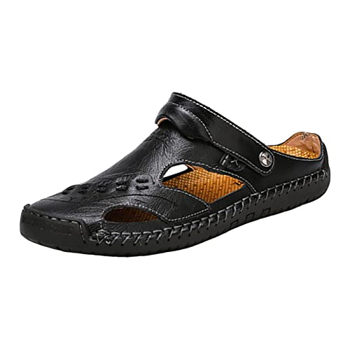 Pantoletten Herren Leder Sandalen Sommer Pantolette Geschlossene Sandale Slippers Slide Atmungsaktiv Mesh Clogs Sandals Rutschfest Hausschuhe Sommerschuhe Strandschuhe Bequemen Slipper Schuhe Gr.38-48 von OBiQuzz