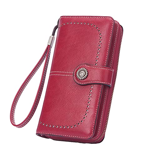 Retro Einfache Lange Brieftasche Multifunktion Große Kapazität Brieftasche Handtasche Brieftasche Herren Groß Reißverschluss (Red, One Size) von OBiQuzz