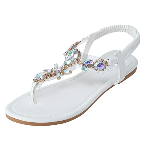 Sandalen Damen Bohemia Strand Schuhe Glitzer Strass Zehensandalen Elegant Flach Zehentrenner Freizeit Sandalette Sommerschuhe Sommer Sandaletten Riemchensandalen Bequeme Schuhe Slide Slippers Gr.37-41 von OBiQuzz