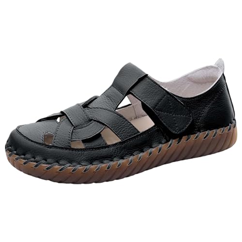 Sandalen Damen Sommer - Elegant Mary Jane Halbschuhe Geschlossene Sandaletten Aushöhlen Lederschuhe Rutschfest Loafers Leder Strandschuhe Sommersandal Flach Strandsandalen Kleid Schuhe Gr.37-43 von OBiQuzz
