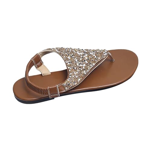 Sandalen Damen Sommer - Glitzer Flach Strandschuhe Zehentrenner Strass Sandaletten Bohemian Strandsandalen Freizeitsandalen Leder Sandal Sommerschuhe Damenschuhe Outdoorsandalen Römersandalen Gr.37-42 von OBiQuzz