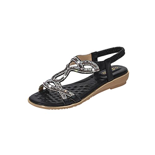 Sandaletten Damen Strass Flache Sandalen Sommer Freizeit Zehentrenner Mit Weiche Fußbett Sommerschuhe Glitzer Bohemian Strand Schuhe Rutschfest Strandschuhe Weichen Sohlen Sommersandalen Gr.37-42 von OBiQuzz