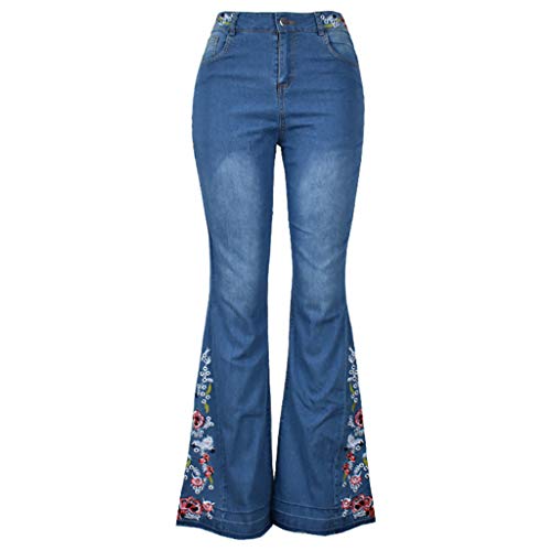 Schlaghose Damen Jeans Mit Blumen Elegant Stretch Jeanshose Bootcut Flared Hose Fashion Retro Skinny Slim Hosen Casual Hohe Taille Breite Jeans Mode Weites Bein Retro Stil Denim Pants 70Er Party von OBiQuzz