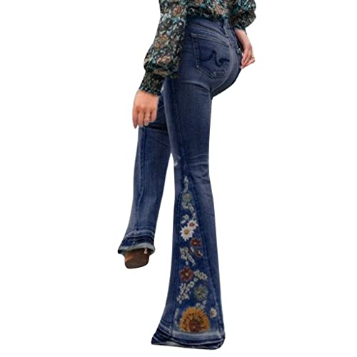 Schlaghose Damen Jeans Mit Blumen Elegant Stretch Jeanshose Bootcut Flared Hose Fashion Retro Skinny Slim Hosen Casual Hohe Taille Breite Jeans Mode Weites Bein Retro Stil Denim Pants 70Er Party von OBiQuzz