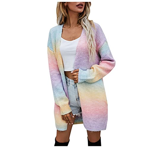 Strickmantel Damen Bunt Lang Casual Strick Cardigan Elegant Langarm Regenbogen Strickjacke Tasche Offene Front Sweater Mode Übergangsjacke Herbst Winter Mantel Pullover Longstrickjacke Gestrickt Jacke von OBiQuzz
