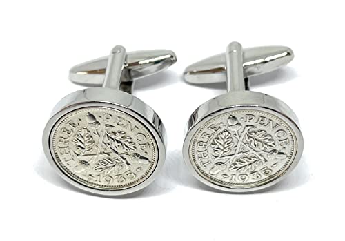 Premium 1935 Lucky Threepence Manschettenknöpfe für einen 88. Geburtstag, S, Versilbert, Anderer Verschlussart: von OCC Old Coin Cufflinks