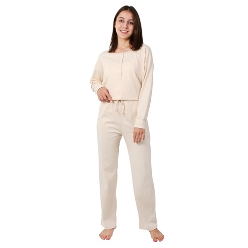 OCCIENTEC Damen Jumpsuit mit Rundhalsausschnitt Damen Overall aus Baumwolle mit Knöpfen Beige,L von OCCIENTEC