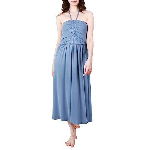 OCCIENTEC Damen Lange Kleider mit Kordelzug Damen Sommerkleid Neckholder Sleeveless Long Solid Kleid Blau, M von OCCIENTEC