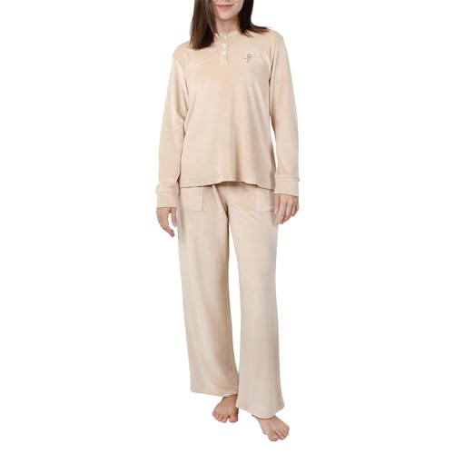 OCCIENTEC Damen Schlafanzug aus Fleece Damen Pyjama-Set Winter mit Elch-Stickerei Langärmeliges Oberteil mit Rundhalsausschnitt und Hose Aprikose,L von OCCIENTEC