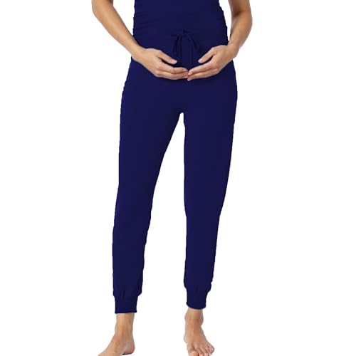 OCCIENTEC Damen Umstandshose Super Weich Lang Schwangerschaft Pyjamahosen Casual Stretch Jogginghose mit Taschen Navy,S von OCCIENTEC