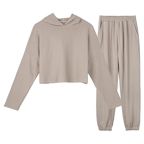 OCCIENTEC Loungewear Set für Damen Hausanzug Damen aus Baumwolle Kapuzenpullover Lange Ärmel Top + Hose Khaki,S von OCCIENTEC
