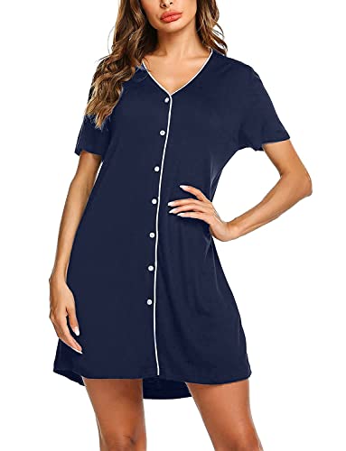 OCCIENTEC Nachthemd Damen V-Ausschnitt Nachtkleid Nachtwäsche mit Knöpfe Sommer Umstandsnachthemd Kurzärmeliges Stillenpyjama für Damen(Blau,L) von OCCIENTEC