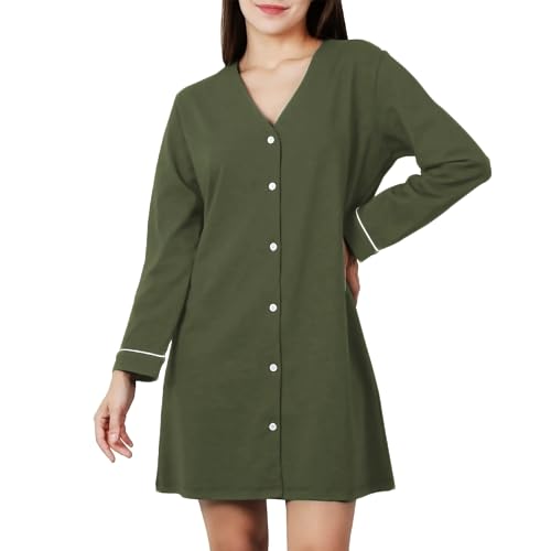 OCCIENTEC Nachthemd Damen aus Baumwolle Langärmeliges Nachtwäsche Damen mit Knöpfe Armeegrün,S von OCCIENTEC
