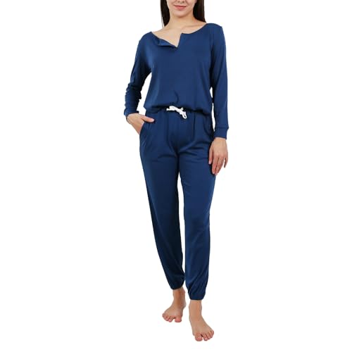 OCCIENTEC Pyjama Damen Zweiteilige Baumwolle Nachtwäsche Langärmliger Oberteil und Hose Schlafanzug Damen Winter Pyjama Set mit V-Ausschnitt(Blau,S) von OCCIENTEC