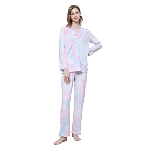 OCCIENTEC Pyjama Damen Zweiteilige Nachtwäsche Tie Dye Druck Langarm Oberteil Lang Hose Schlafanzug Damen Trainingsanzug Pyjama Set Loungewear für Sport und Freizeit（Rosa 1 X-Large） von OCCIENTEC