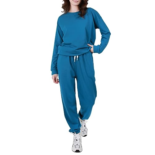 OCCIENTEC Trainingsanzug Damen Zweiteilige Oberteil mit Rundhalsausschnitt und Lang Jogginghose Schlafanzug Damen Loungewear mit Taschen für Sport und Freizeit Blau, L von OCCIENTEC