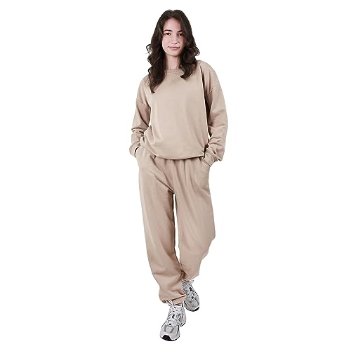 OCCIENTEC Trainingsanzug Damen Zweiteilige Oberteil mit Rundhalsausschnitt und Lang Jogginghose Schlafanzug Damen Loungewear mit Taschen für Sport und Freizeit Khaki, XL von OCCIENTEC