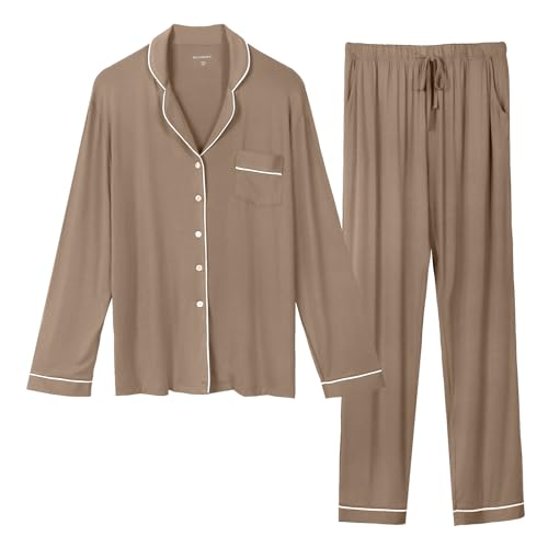 OCCIENTEC Pyjama für Damen Langarm Damen Schlafanzug mit Knopfleiste Nachtwäsche PJ Set Langarm Zweiteiliger Freizeitanzug Nachtwäsche Hausanzug Pyjama-Set für alle Jahreszeiten(Khaki,L) von OCCIENTEC